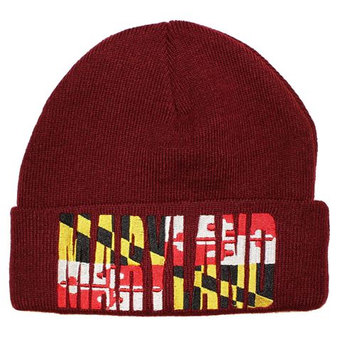 Maryland Flag Embroidered Burgundy Red Knit Beanie Cap Route One