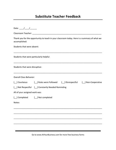 Substitute Teacher Feedback Form Printable Printable Forms Free Online