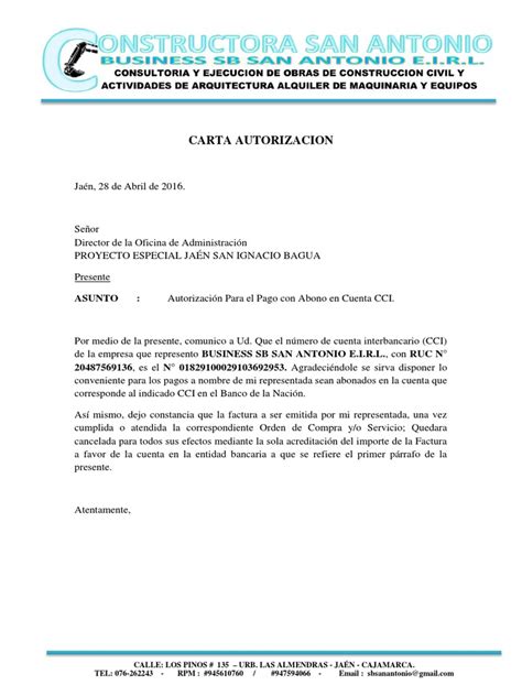 Carta Autorizacion Abono Cci Pdf