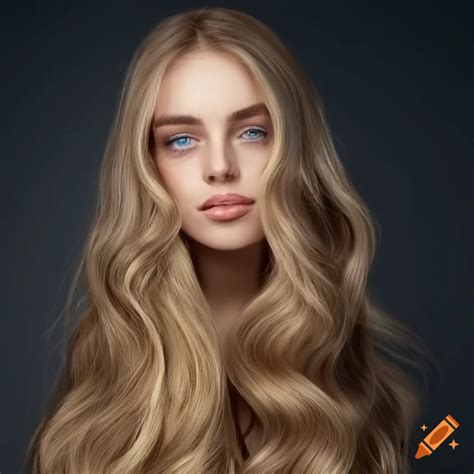 Portrait Of A Beautiful Woman With Wavy Blonde Hair And Blue Eyes