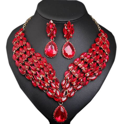 Red Crystal Jewelry Set Statement Rhinestone Pendant Necklace Earrings