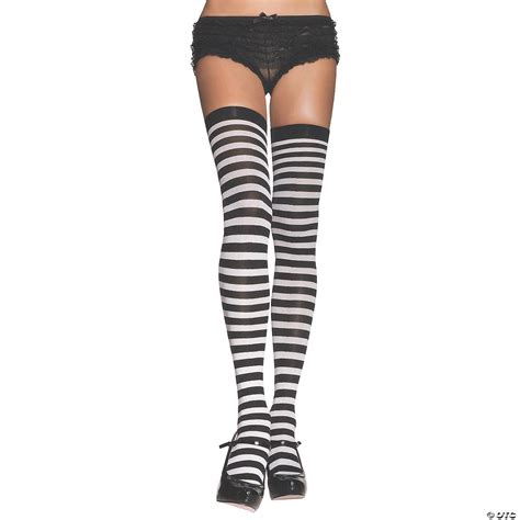 Womens Nylon Striped Thigh High Stockings Blackwhite