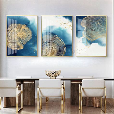Gold Art Framed Painting Set Of 3 Wall Art Blue Ocean Acrylic Etsy