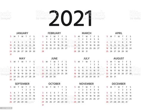 2021 Calendar Vector Illustration Template Year Planner Stock