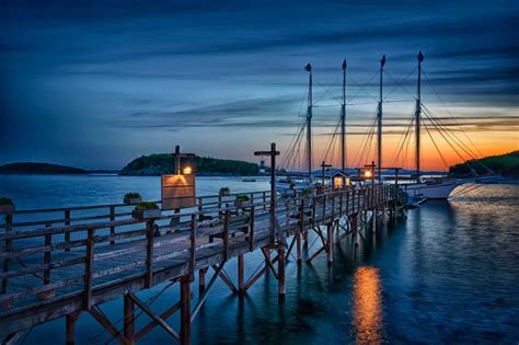 Nature Landscape Sunset Sailboats Dock Pier Lights Bar Sea Bay