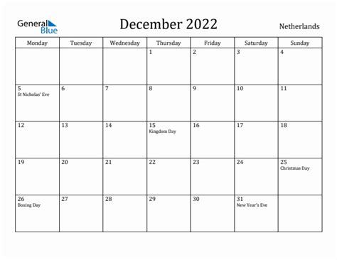 December 2022 Netherlands Monthly Calendar With Holidays