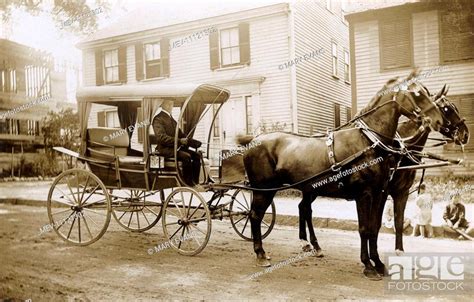 Horse Drawn Surrey Style Carriage With A Pair Of Black Horses North