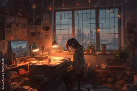 Cool Lofi Girl Studying At Her Desk Rainy Or Cloudy Outside Beautiful