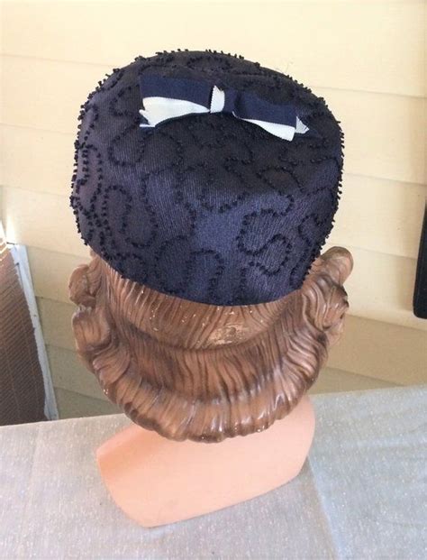 1960s vintage navy blue pill box hat with chenille and bow trim vintage hats 1960s vintage