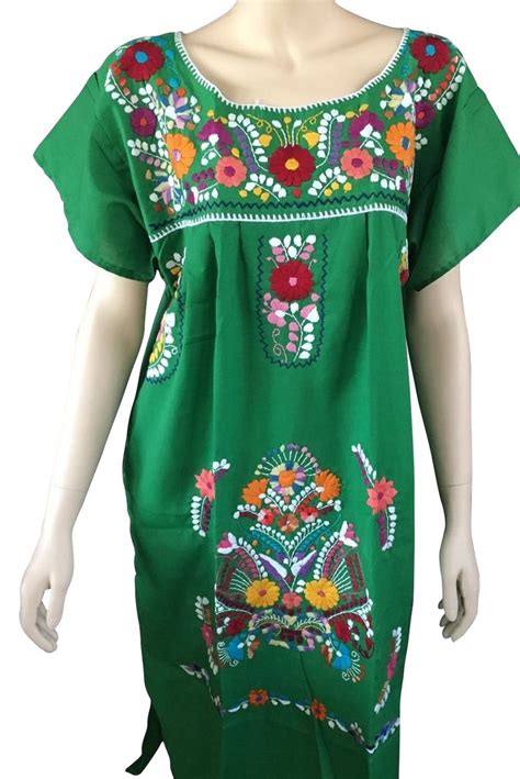 Dark Green Peasant Embroidered Mexican Dress Meximart