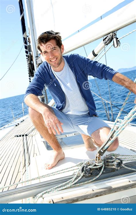 Smiling Handsome Man Enjoying Sailing Stock Photo Image Of Navigation