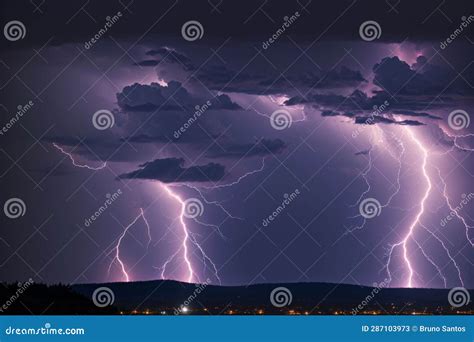 Intense Lightning Strikes Amidst the Dark Cloudy Firmament Stock
