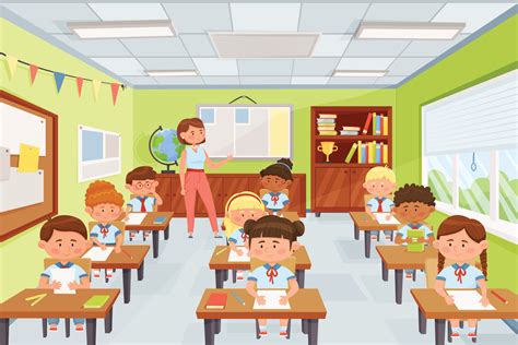 Cartoon Teacher With Pupils School Kids Sitting At Desks In Classroom