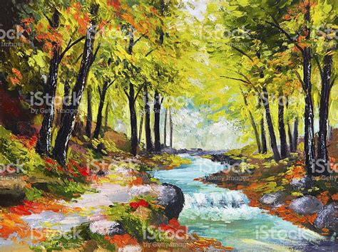 Landscape Oil Painting River In Autumn Forest Royalty Free Stock