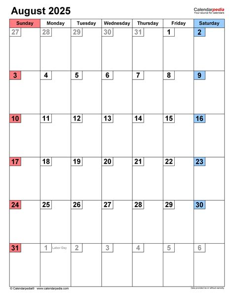 August 2025 Calendar Templates For Word Excel And Pdf