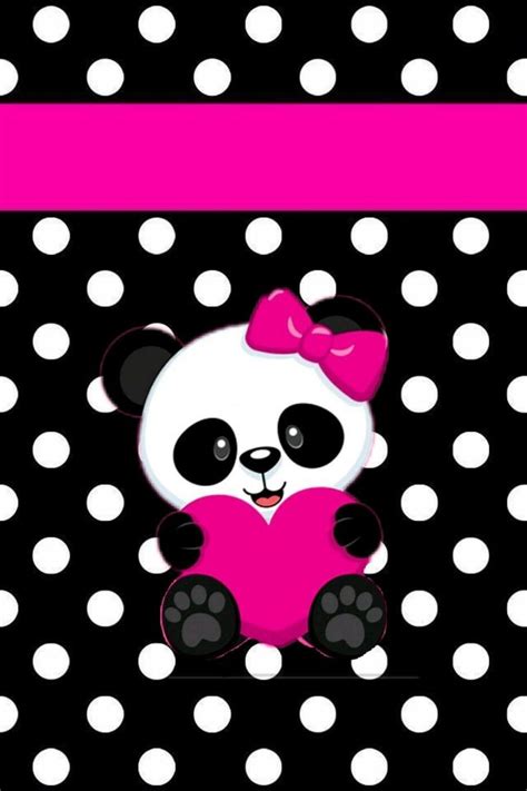 A Panda Bear Holding A Pink Heart On A Black And White Polka Dot
