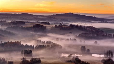 Fog Covered Landscape During Sunset Hd Nature Wallpapers Hd
