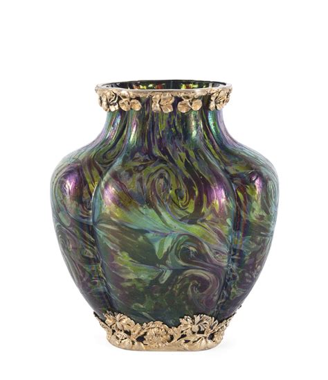Loetz Bohemian Art Nouveau Iridescent Art Glass Vase With Silver Mounts Circa 1900 Leski
