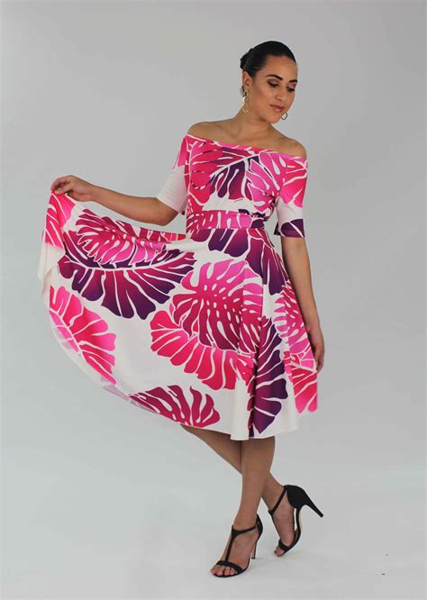 Mena Pacific Island Designs Pink Tropical Leaf Dress Polynesian Dress