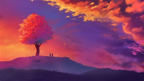 Buildings illustration, animated pink and. 1920x1080 Kite Colorful Painting Sunset Tree Laptop Full HD 1080P HD 4k Wallpapers, Images ...