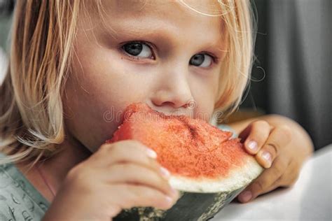 Funny Little Girl Eating Watermelon Closeup Stock Image Image Of
