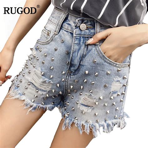 Rugod Fashion Rivet Ripped Hole Tassel Jean Shorts 2018 Summer Casual Pocket Frayed Fringe Blue