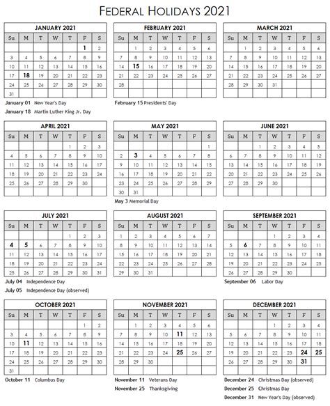 Federal Holidays 2021 Calendar Usa List Of Federal Holidays 2021