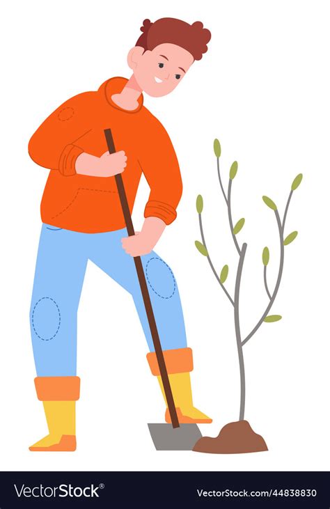 Kid Planting Tree Boy Digging Ground With Shovel Vector Image