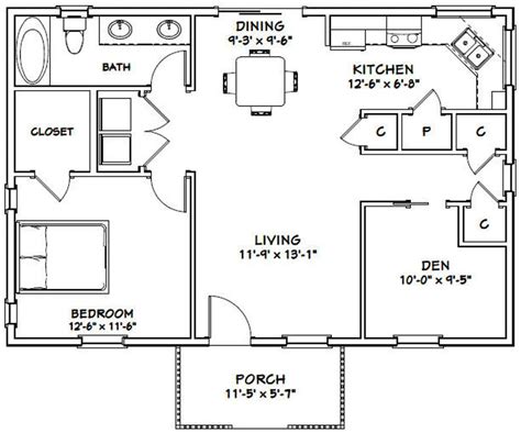 36x24 House 1 Bedroom 1 Bath 864 Sq Ft Pdf Floor Plan Etsy Small