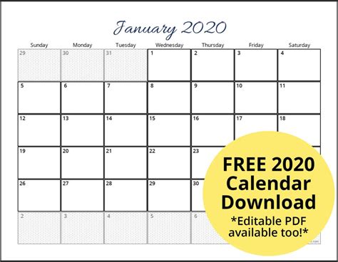 Free 2020 Calendar Editable Pdf
