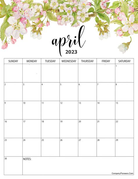 Free Floral April 2023 Calendar Printable Companypioneerscom
