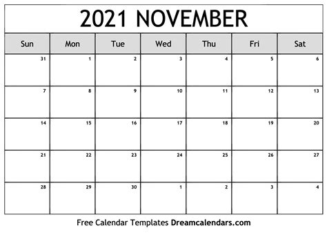 Free Printable Nov 2021 Calendar Calendar Printables Free Templates