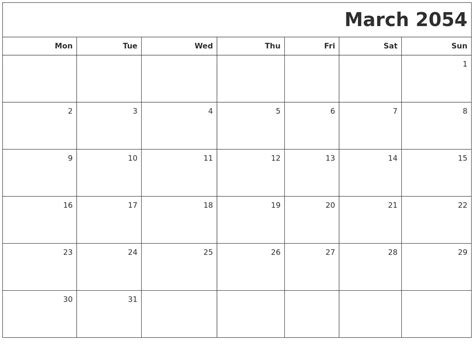 March 2054 Printable Blank Calendar