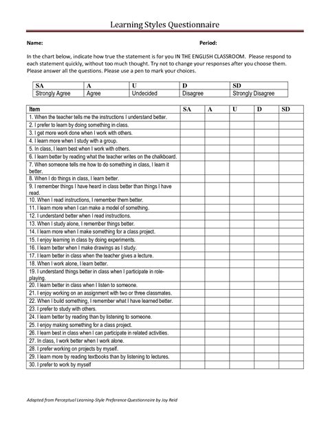 Free Learning Style Assessment Printable
