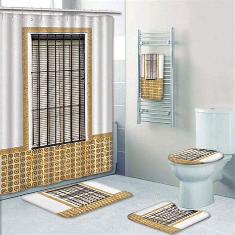 Prtau Golden 5 Piece Bathroom Set Shower Curtain Bath Towel Bath Rug Contour Mat And Toilet Lid