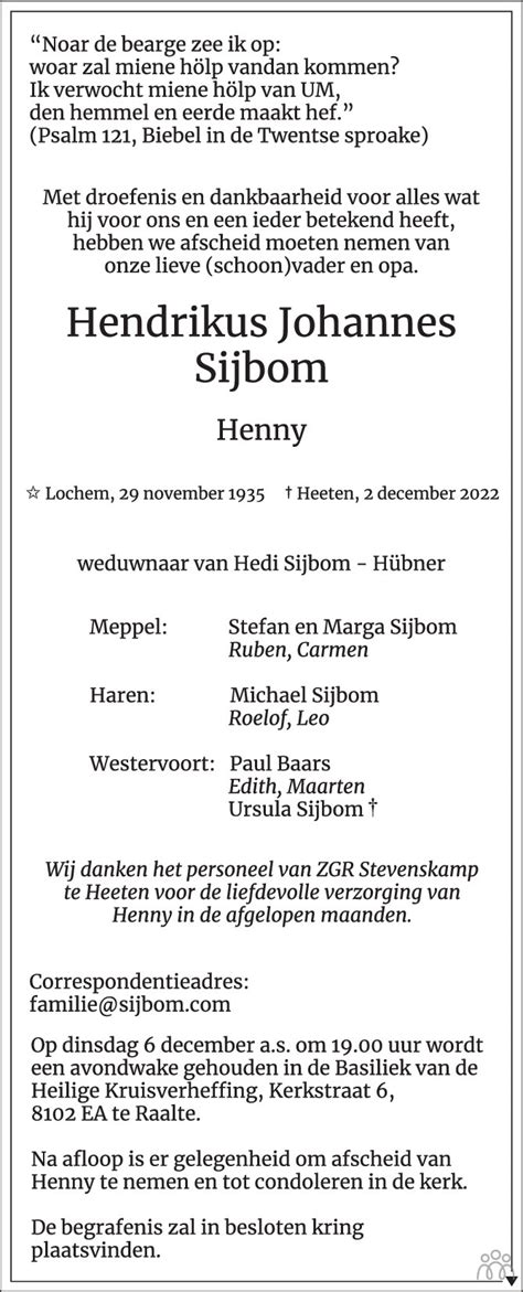 Hendrikus Johannes Henny Sijbom Overlijdensbericht En
