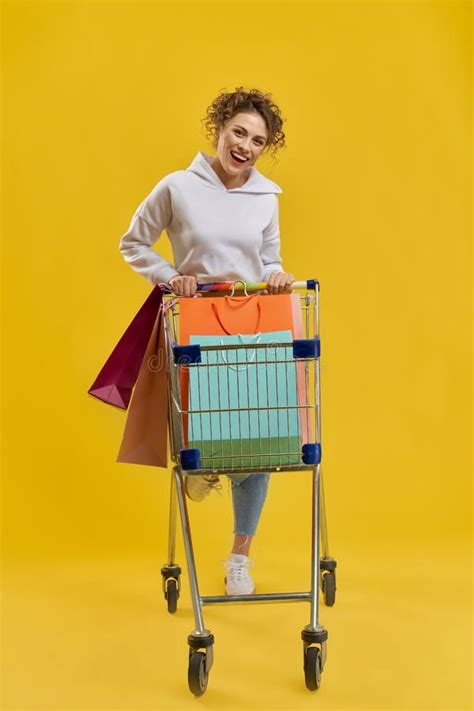 Blonde With Curly Hair Driving Shopping Cart Stock Image Image Of