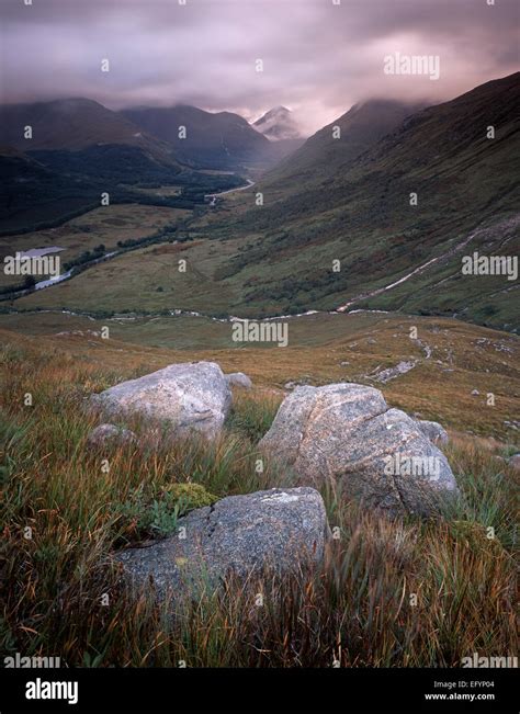 A Heavy Shower Crosses Lower Glen Etive Viewed From High On The Ridge