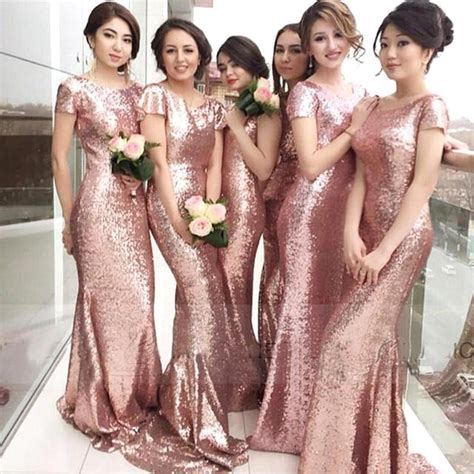 2016 New Sexy Short Sleeve Rose Gold Sequin Bridesmaid Dresses Maid Of