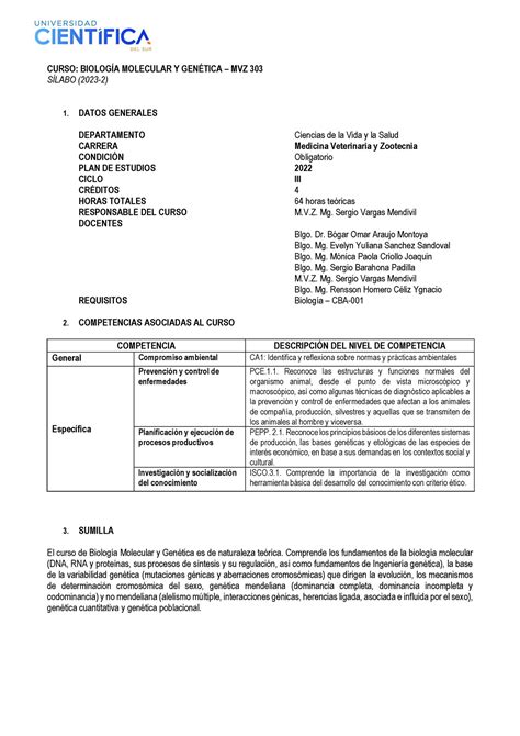 Silabo Biomol CURSO BIOLOGÍA MOLECULAR Y GENÉTICA MVZ 303 SÍLABO