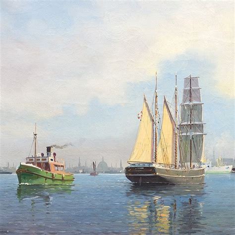 Oil Painting Harbor View With Sailing Ship C 1910