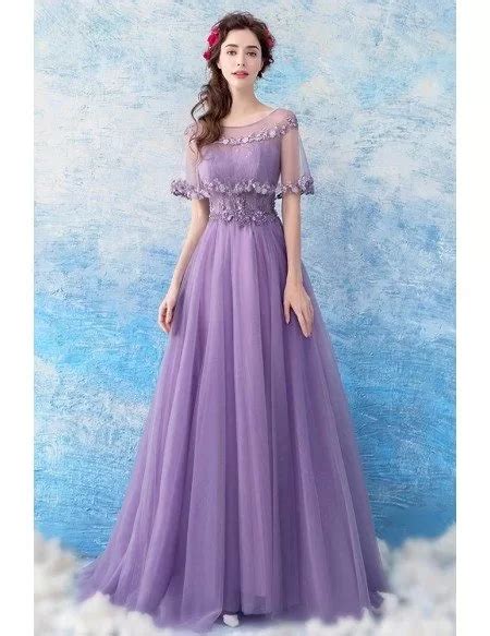 Elegant Purple Long Tulle Prom Formal Dress With Beaded Cape Wholesale T69266