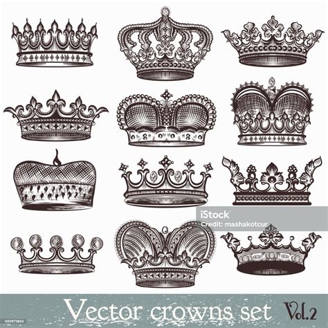 Set Of Vector Hand Drawn Crowns In Vintage Style Stock Illustration