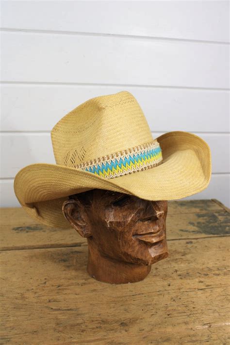 Vintage John B Stetson Straw Cowboy Hat With Turquoise And Etsy