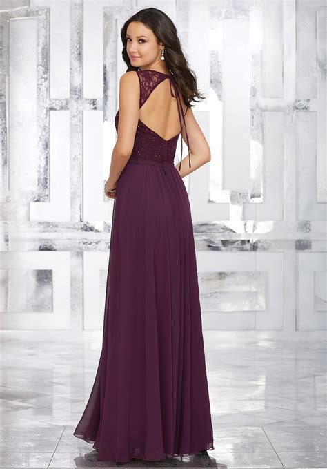 Chiffon Bridesmaids Dress With Beaded Lace Bodice And Keyhole Back Morilee