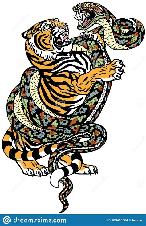 Tiger Versus Snake Tattoo Fight Between Tiger And Snake Angry Reptile