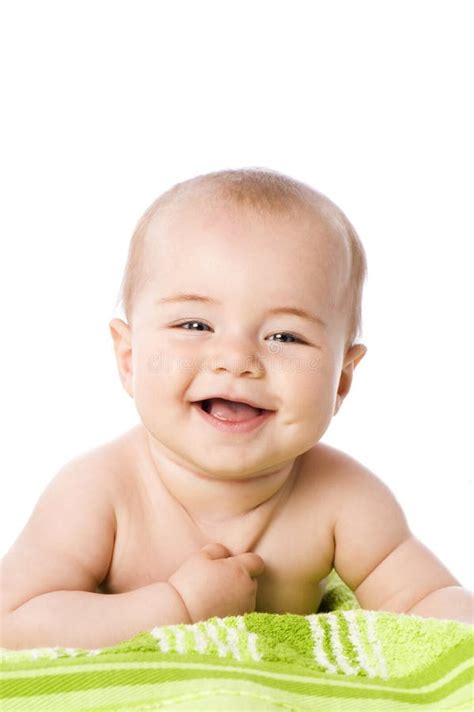 Happy Baby Girl With Green Apples On White Background Stock Photo