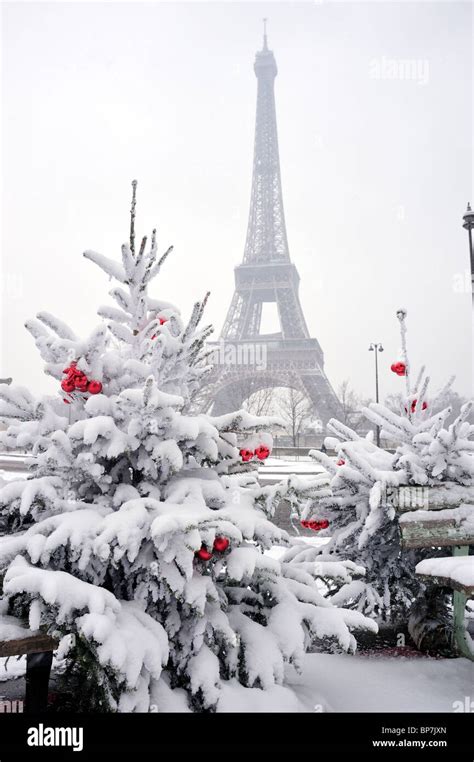 Paris Eiffel Tower France Winter Snow Storm Scenic With Snowy