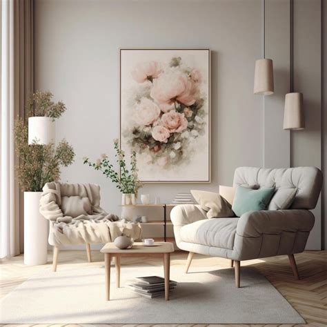 Premium Ai Image A Living Room With A Large Picture Of A Pink Peonies