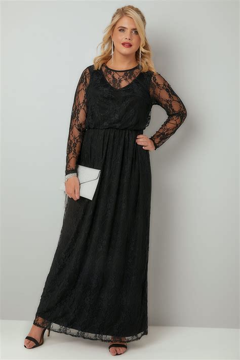 black lace long sleeve maxi dress with elasticated waist plus size 16 to 32